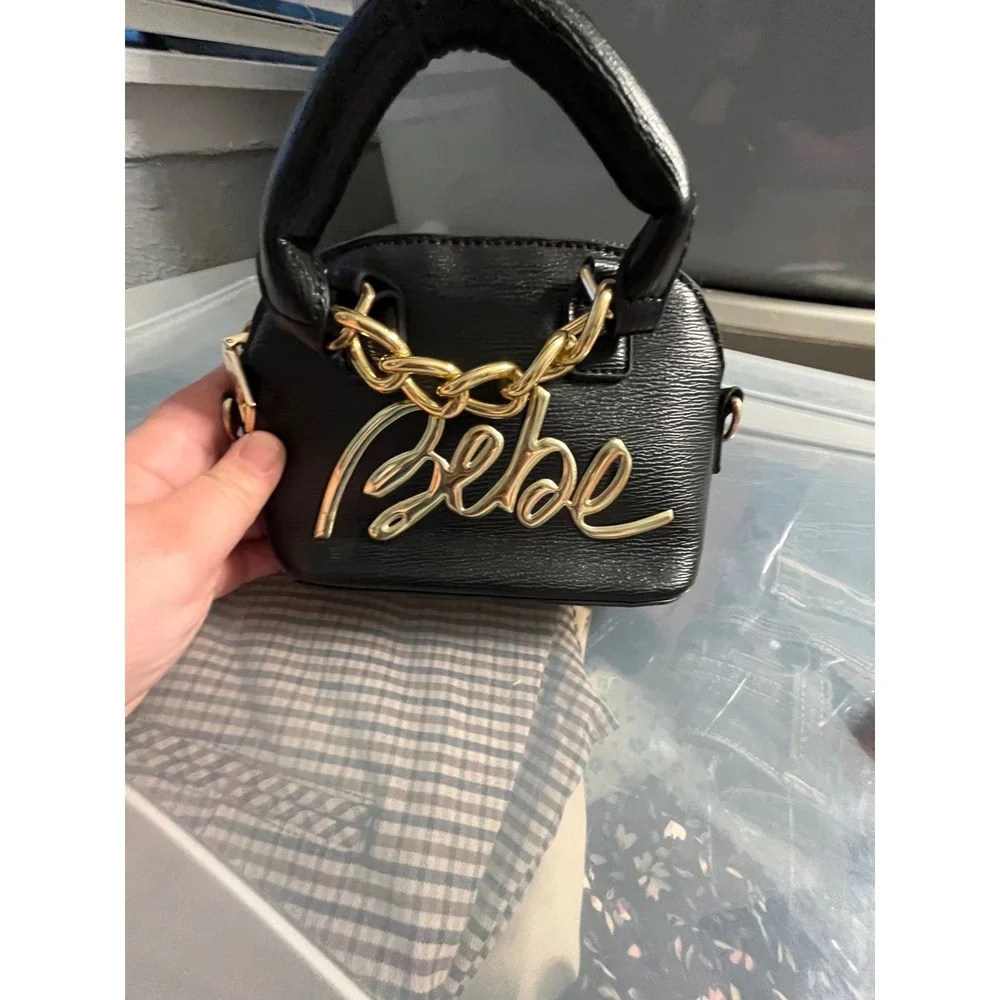 Bebe Black Mini Dome‎ Satchel Crossbody Bag Gold Logo Chain Textured Handbag